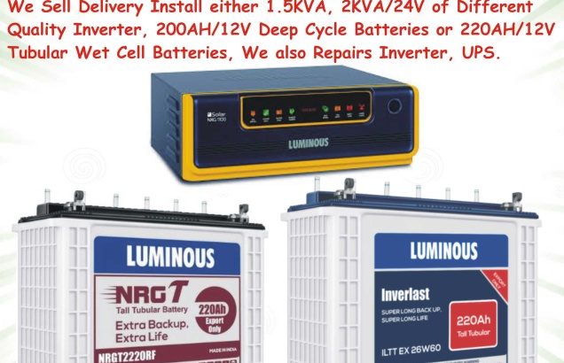 We sell Deliver Install 1.5KVA/24V Inverter and batteries