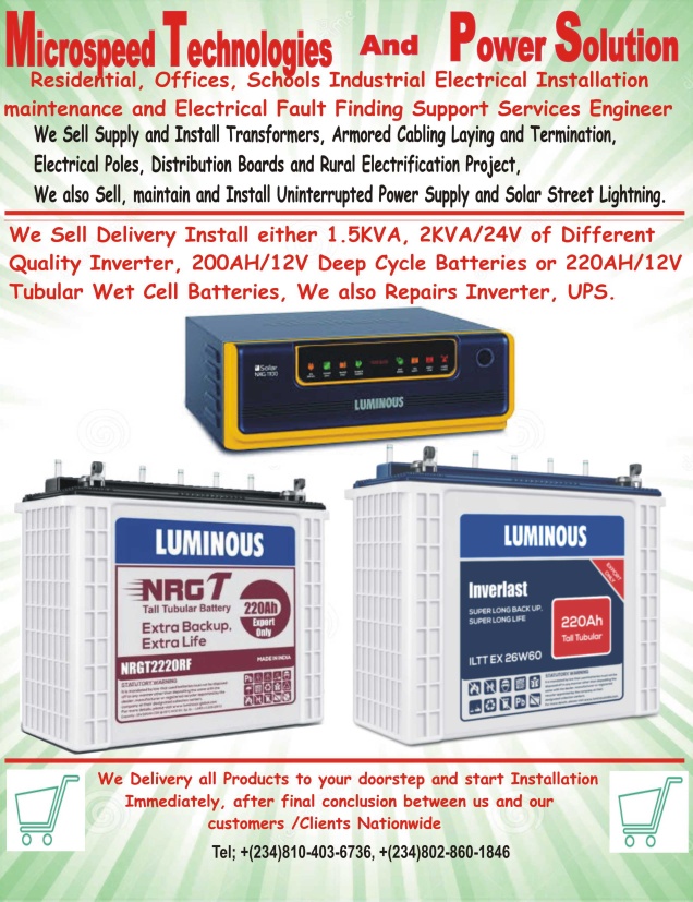 We sell Deliver Install 1.5KVA/24V Inverter and batteries