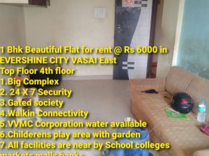 1 Bhk Beautiful Flat for rent @ Rs 6000 in EVERSHINE CITY VASAI East