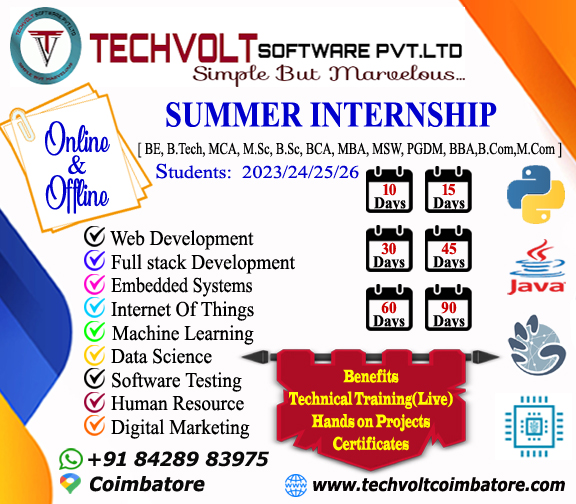 Online Offline Summer internship at Techvolt software Coimbatore